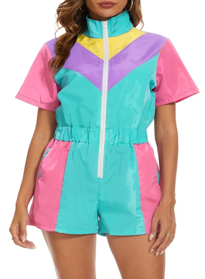 Yisfri Women 80's 90's Retro One Piece Zipper Jumpsuit Theme Party Outfits Windbreaker Rompers Tracksuit (Cyan, S) - Image 1